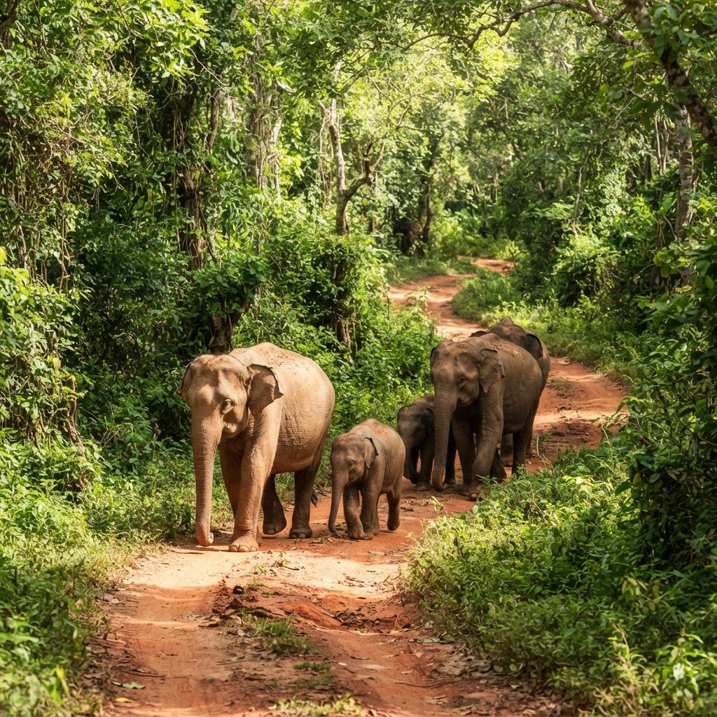 Wild elephants with a calf walking along a forest trail in Hurulu Eco Park