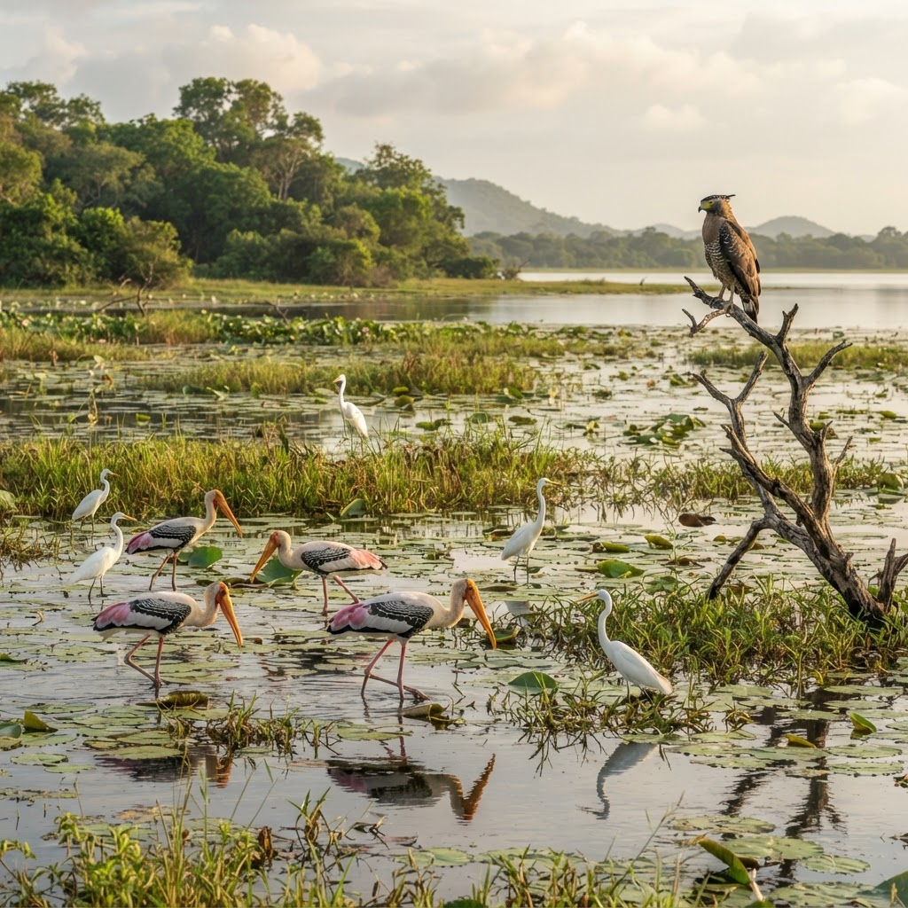 Storks and egrets wading in the wetlands of Kaudulla National Park