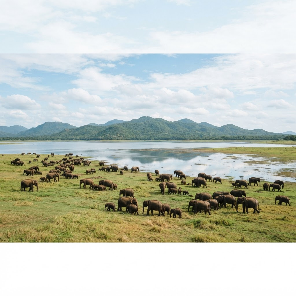 A large gathering of wild elephants on the grassy shore of Minneriya lake
